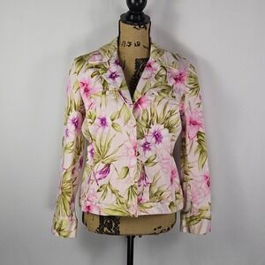 Jamaica Bay Pink Floral Tropical Jacket  Petite Large Hibiscus Button Up Canvas